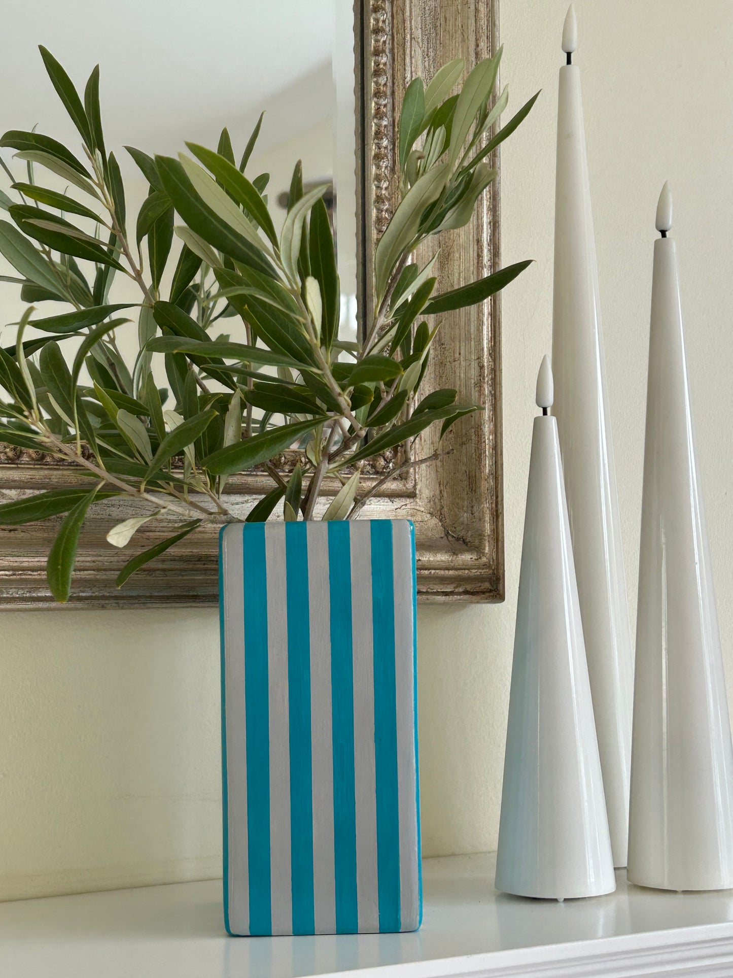 Hand Painted Striped Vase - Teal & Grey