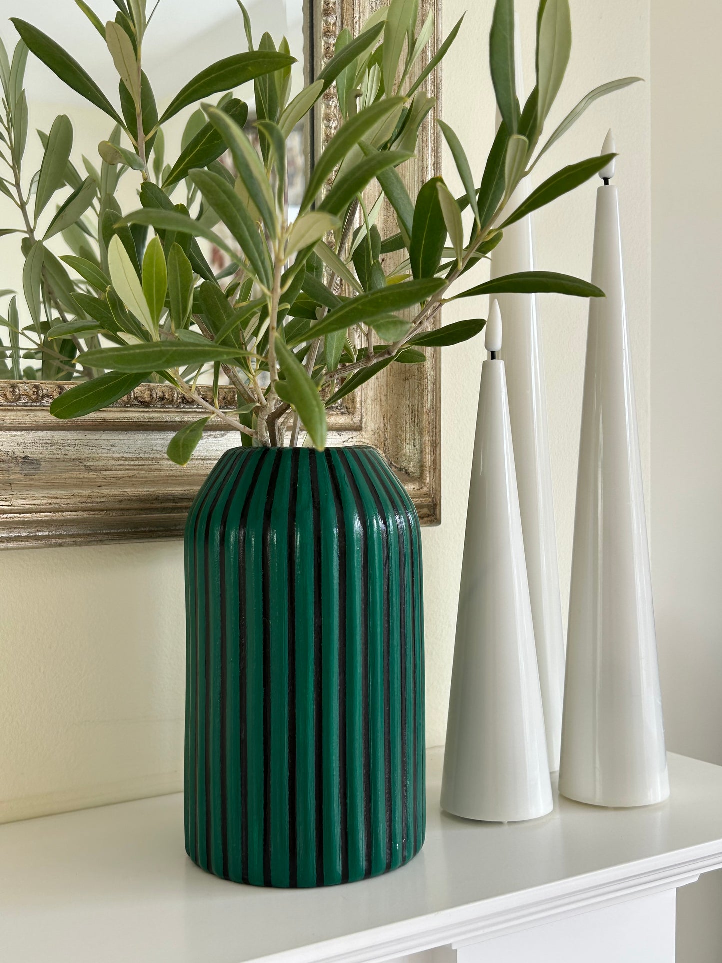 Hand Painted Striped Vase - Emerald Green & Black