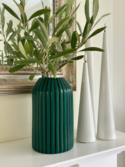 Hand Painted Striped Vase - Emerald Green & Black