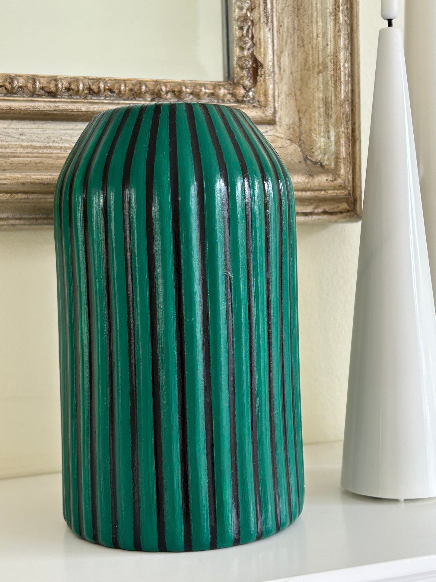 Hand Painted Striped Vase - Emerald Green & Black